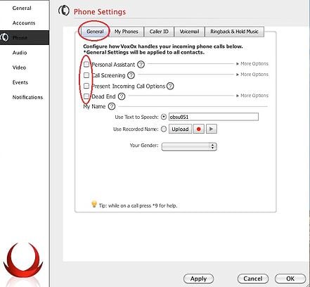 VoxOx General Phone Settings Screenshot